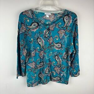 Garnet Hill 100% Merino Wool Lightweight Cardigan Paisley Print Size XL